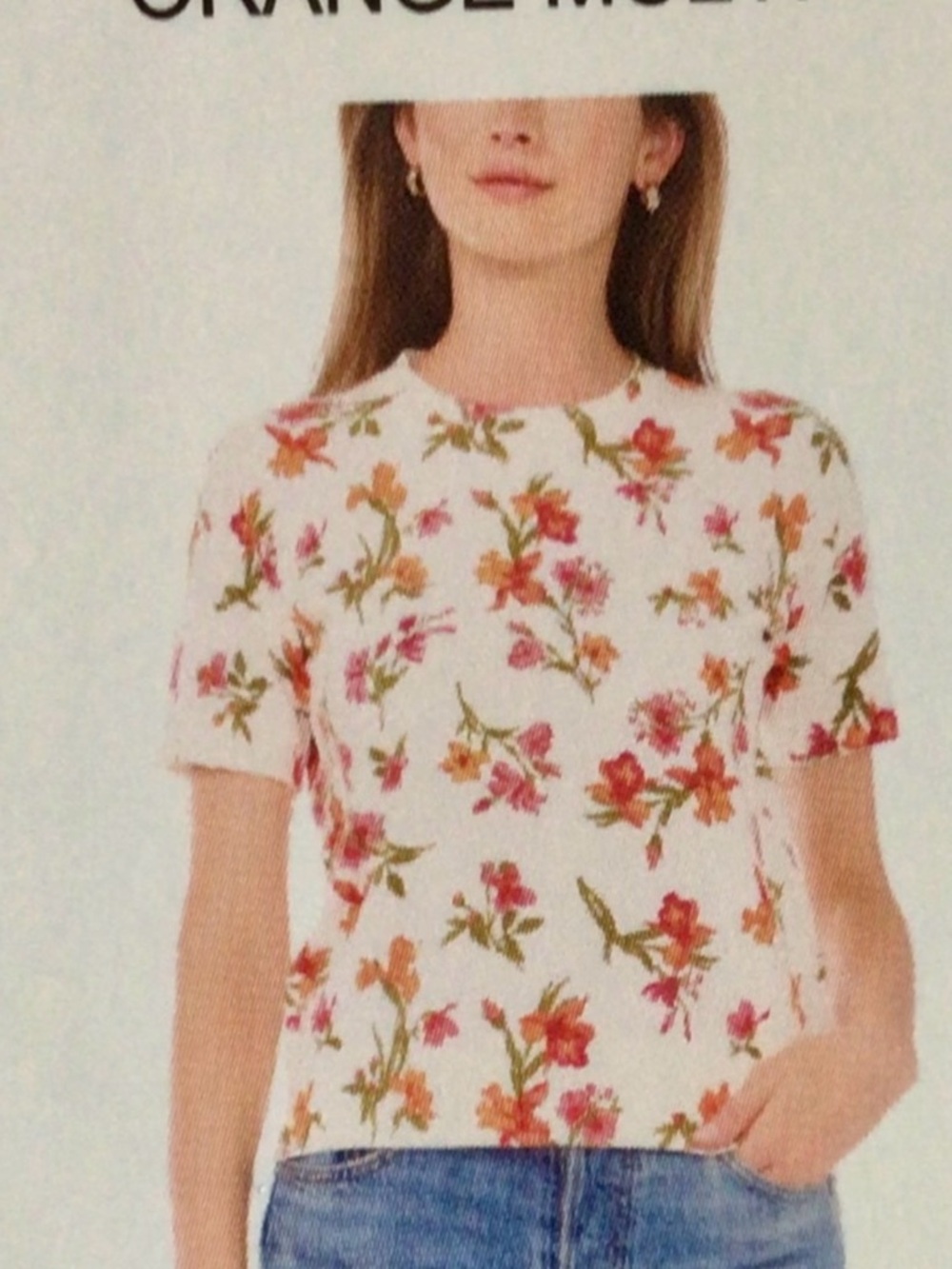 Women’s Floral Short-Sleeve Tee in White with Orange & Pink Flowers